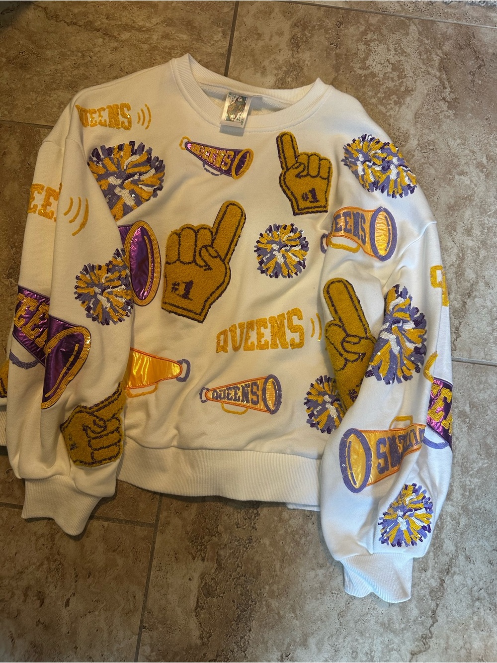 QUEEN OF SPARKLES White Crewneck Sweatshirt with Gold & Purple Appliqués